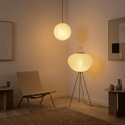 Stuber premium handcrafted off-white washi paper tripod floor lamp with black legs illuminating a modern Japandi living room.