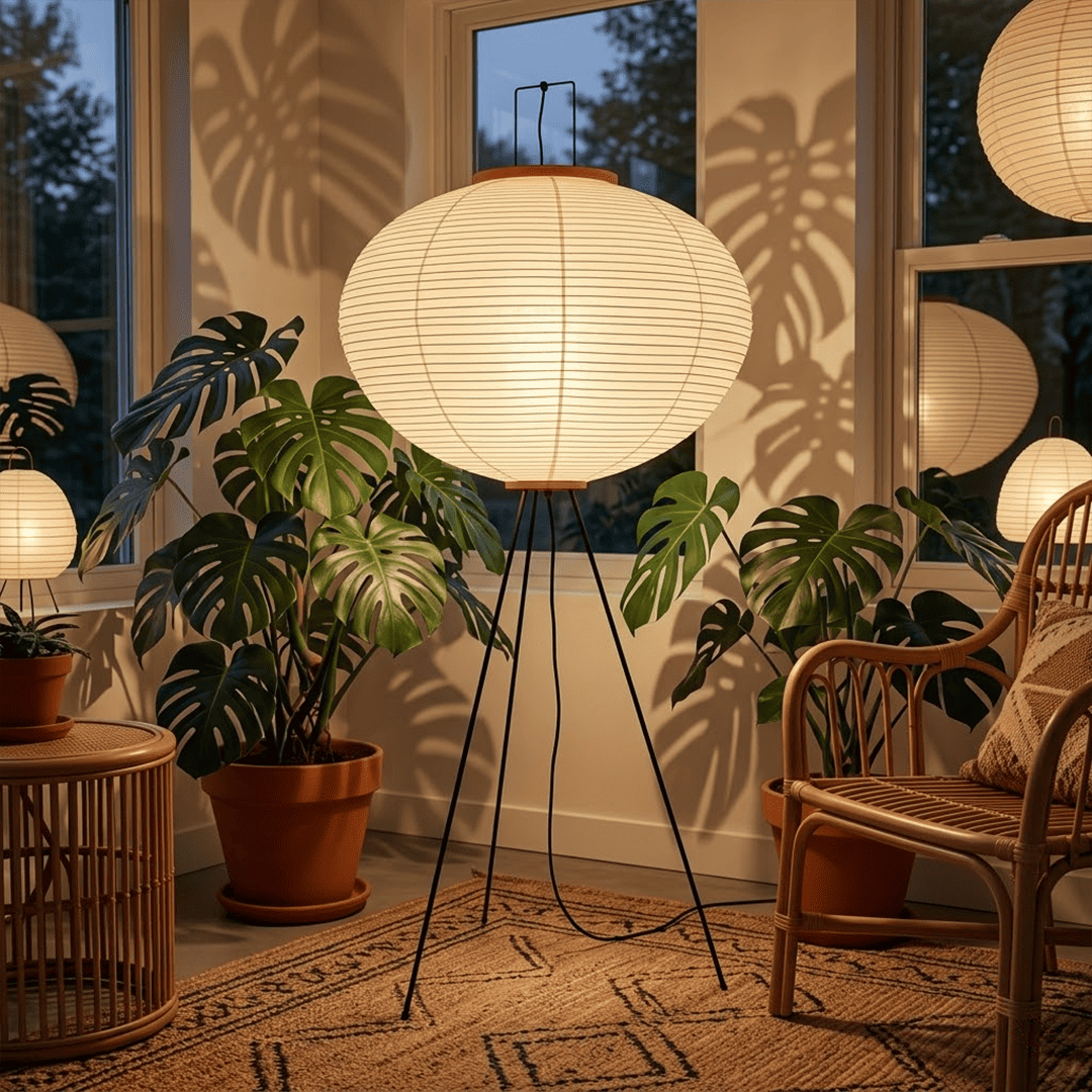 Stuber premium handcrafted off-white washi paper tripod floor lamp with black legs illuminating a modern Japandi living room.