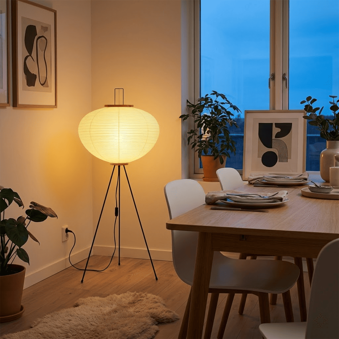 Stuber premium handcrafted off-white washi paper tripod floor lamp with black legs illuminating a modern Japandi living room.
