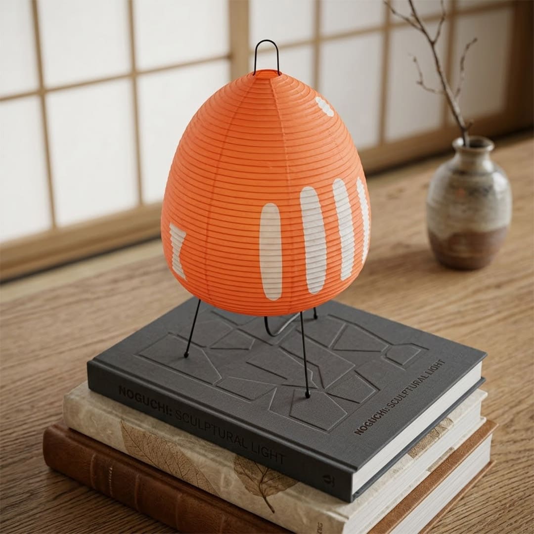 Stuberlighting classic egg-shaped Washi paper table lamp on black tripod legs.