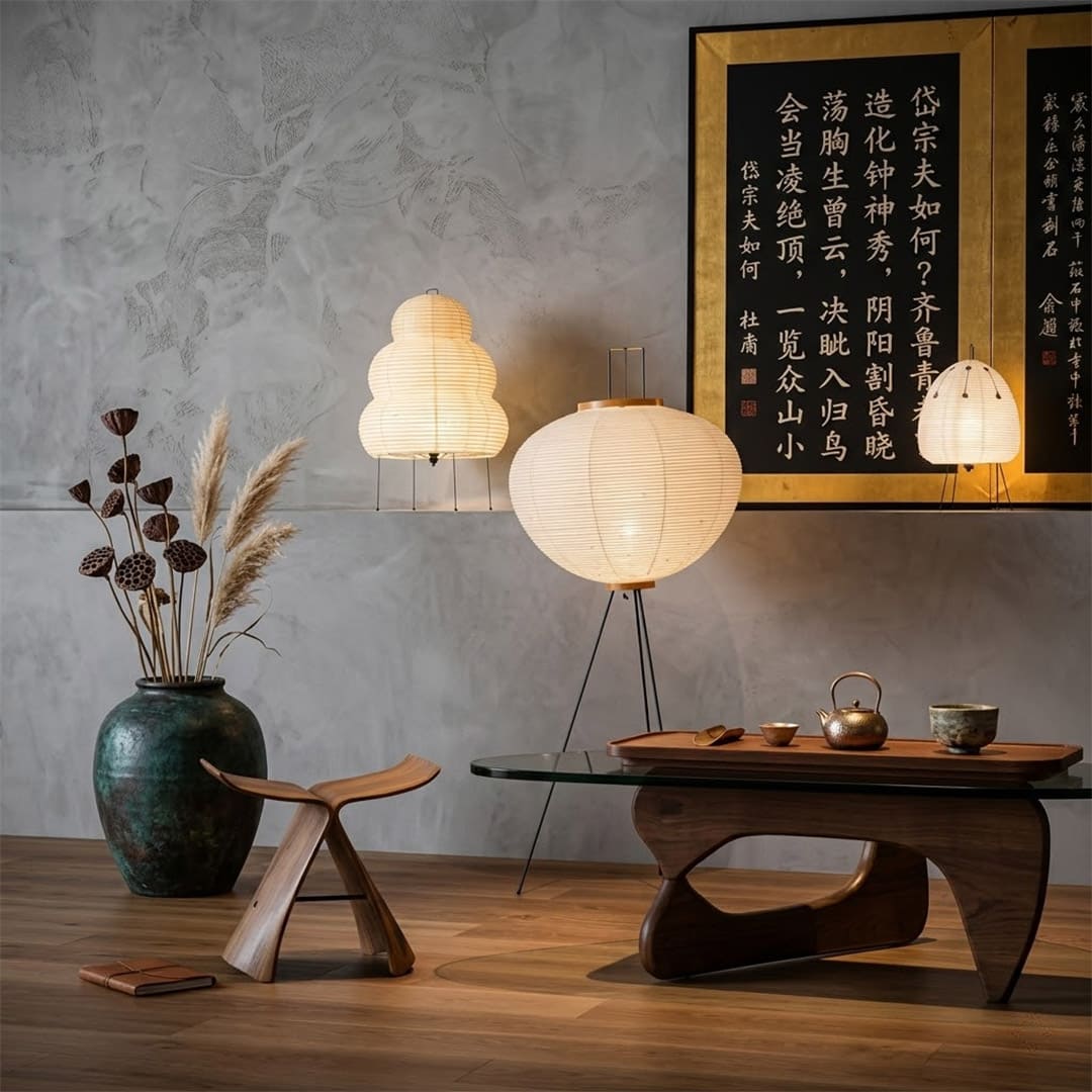 Stuberlighting classic egg-shaped Washi paper table lamp on black tripod legs.