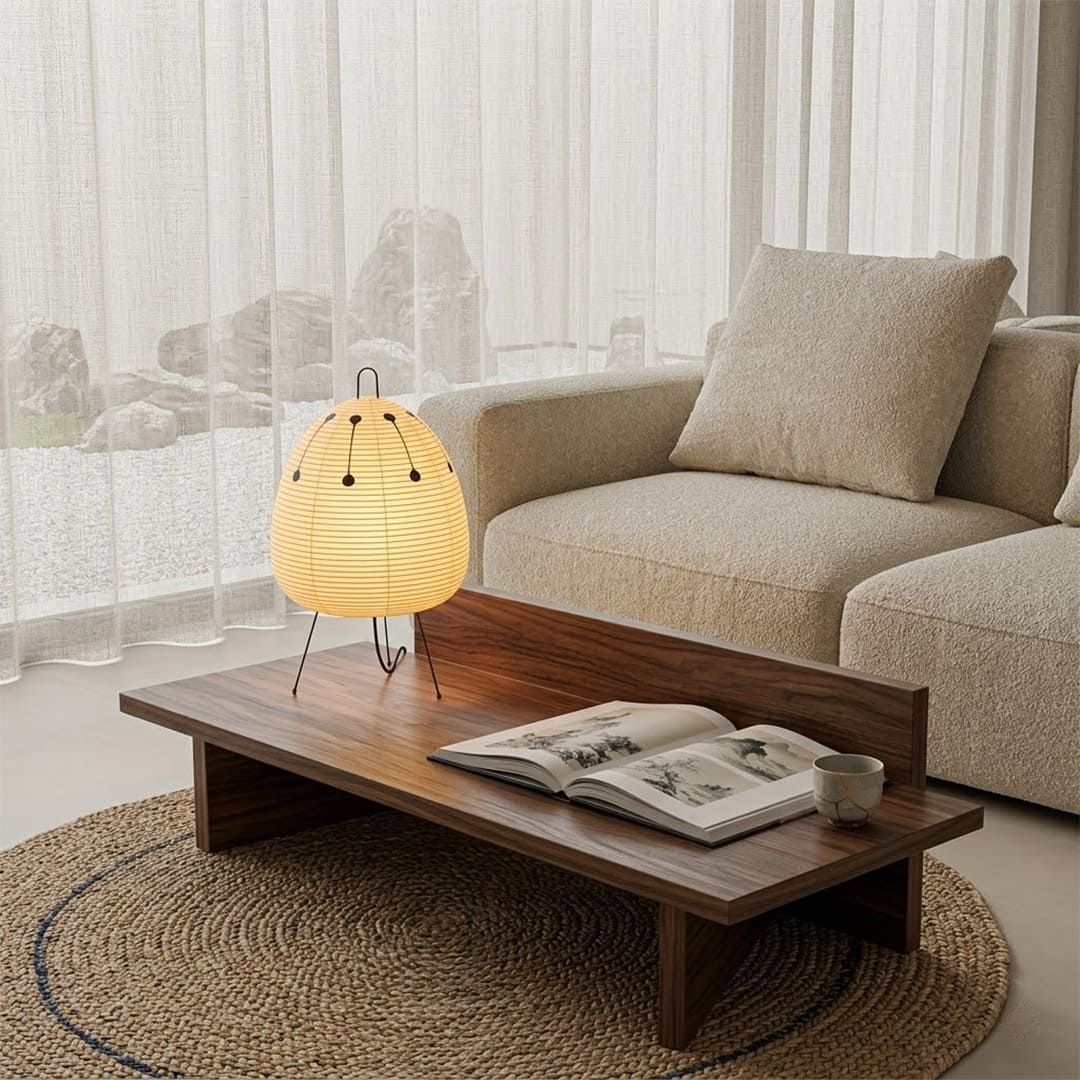 Stuberlighting classic egg-shaped Washi paper table lamp on black tripod legs.