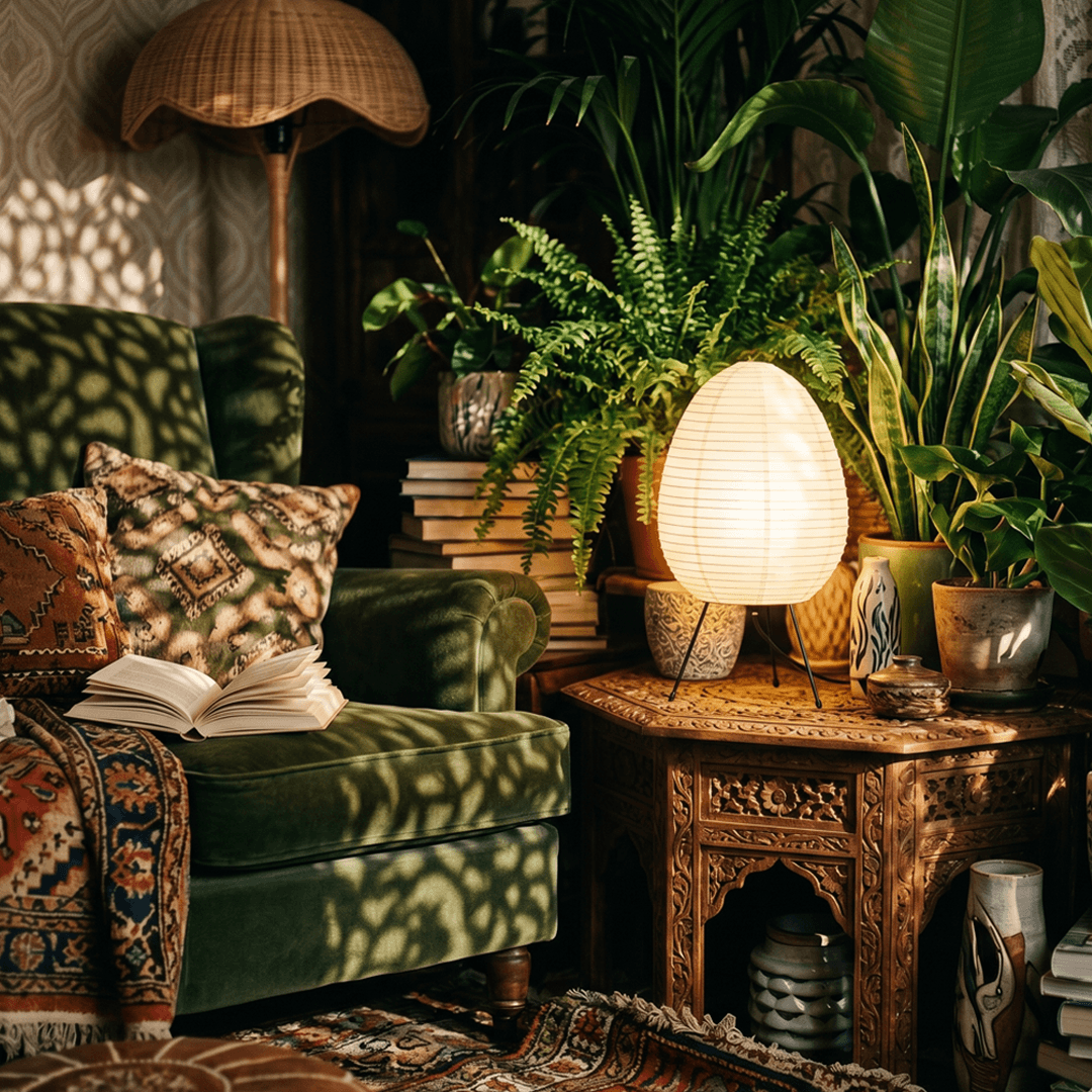 Stuber classic egg-shaped Washi paper table lamp on black tripod legs.