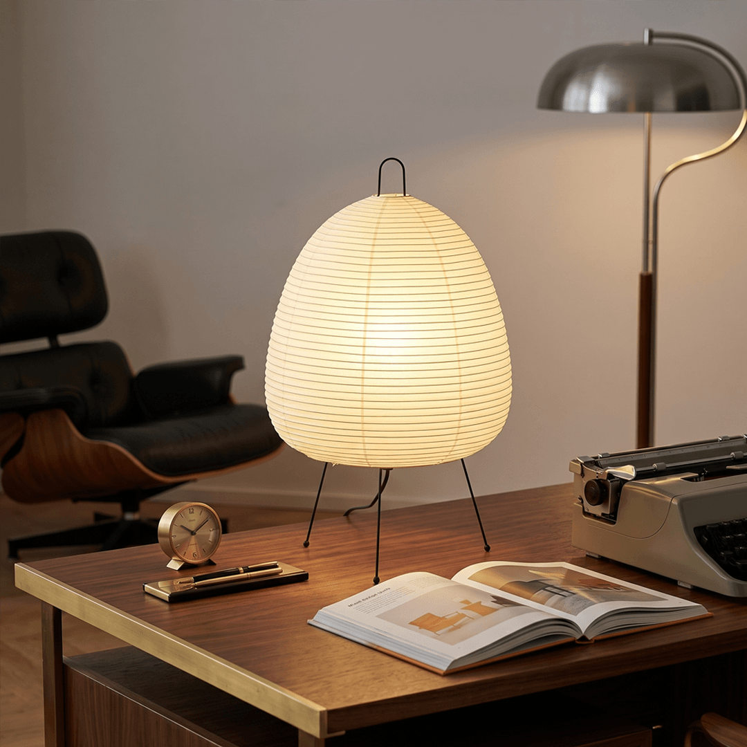 Stuber classic egg-shaped Washi paper table lamp on black tripod legs.
