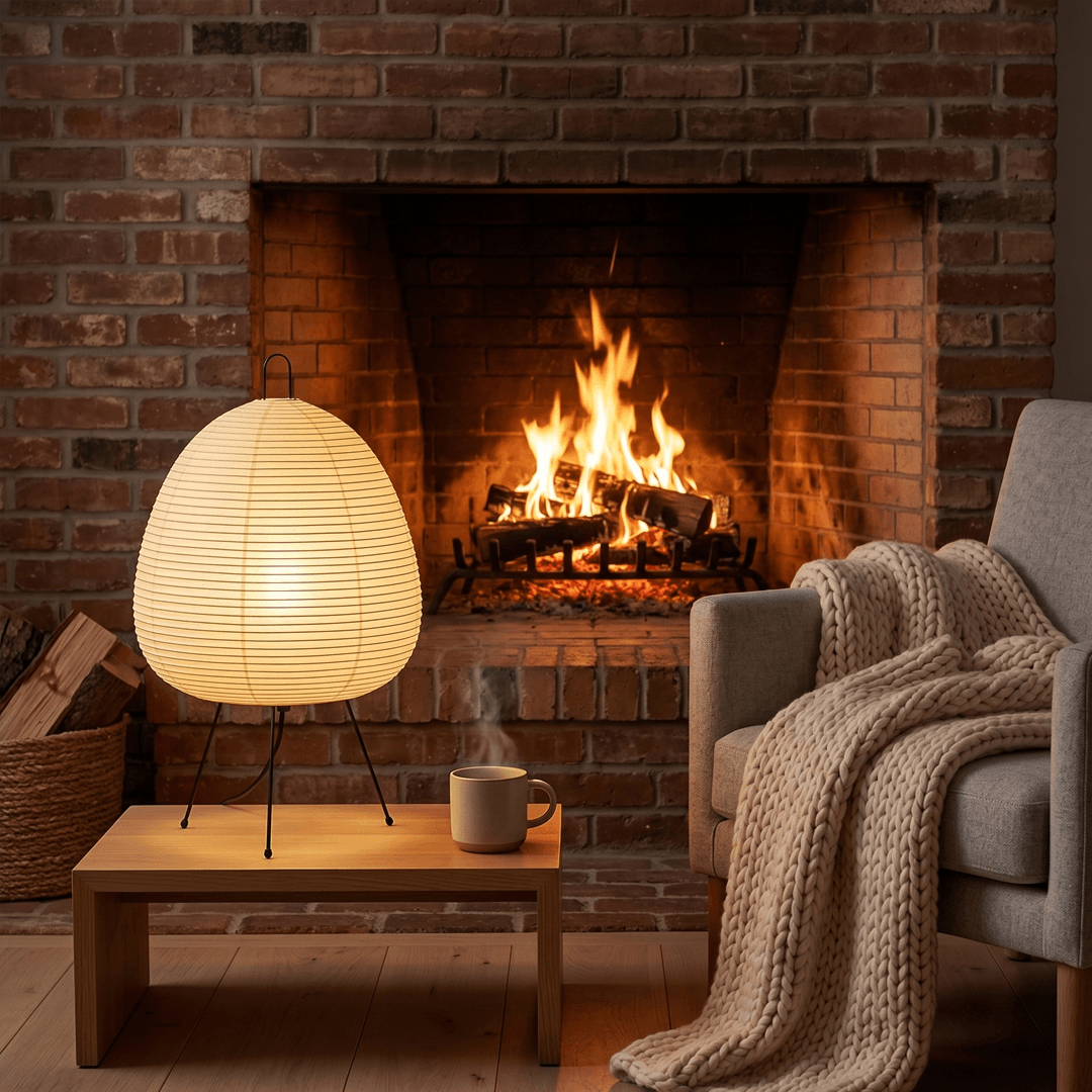 Stuber classic egg-shaped Washi paper table lamp on black tripod legs.