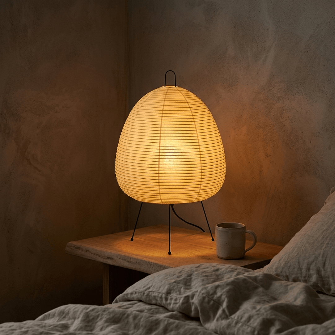 Stuber classic egg-shaped Washi paper table lamp on black tripod legs.