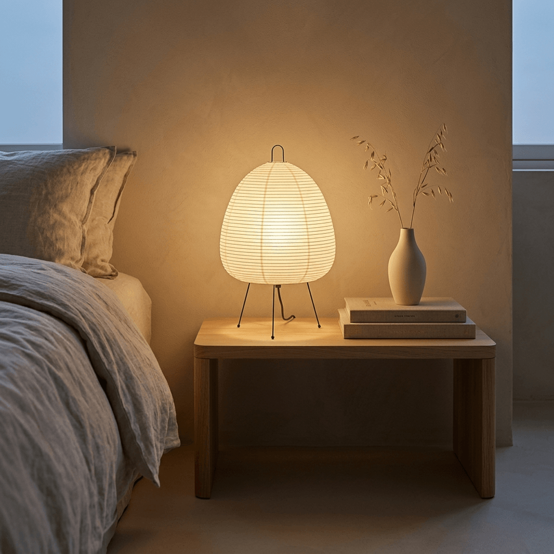 Stuber classic egg-shaped Washi paper table lamp on black tripod legs.