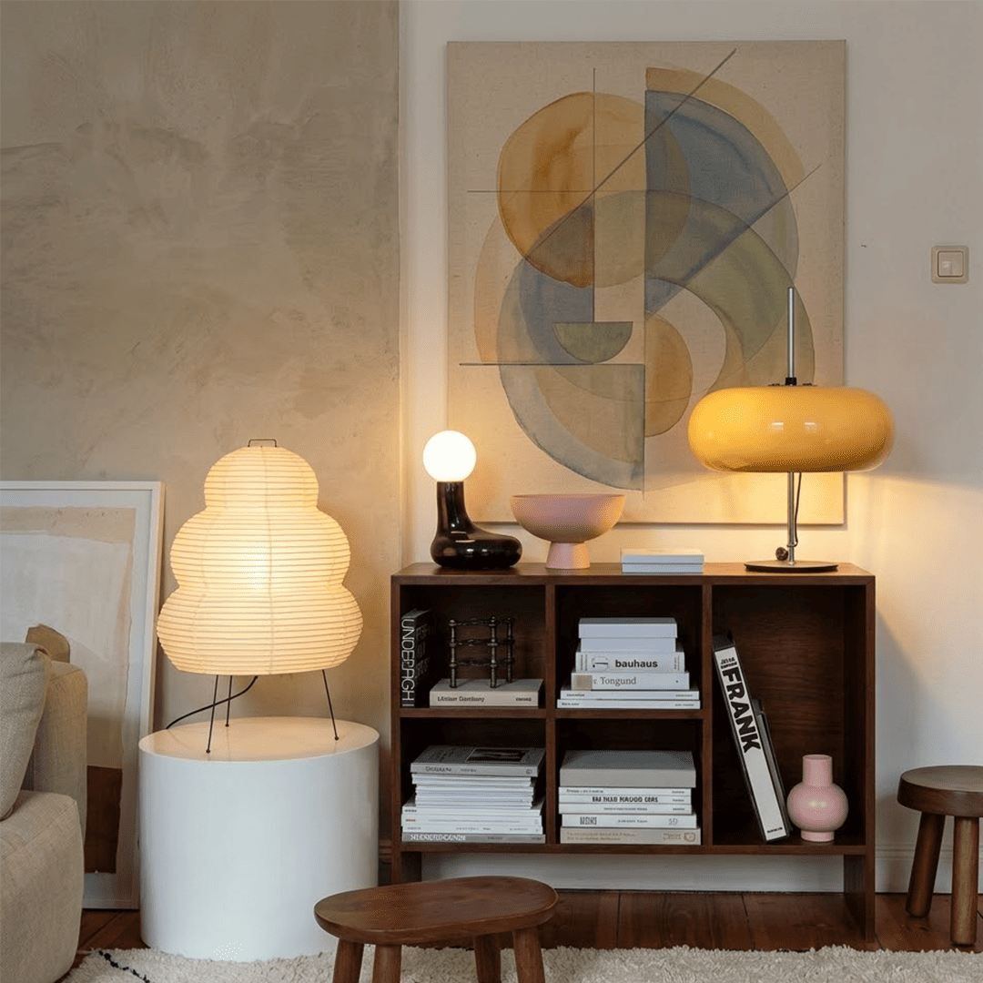 Stuberlighting 25N large Washi paper floor lamp with three-tiered silhouette in a warm minimalist living room setting.