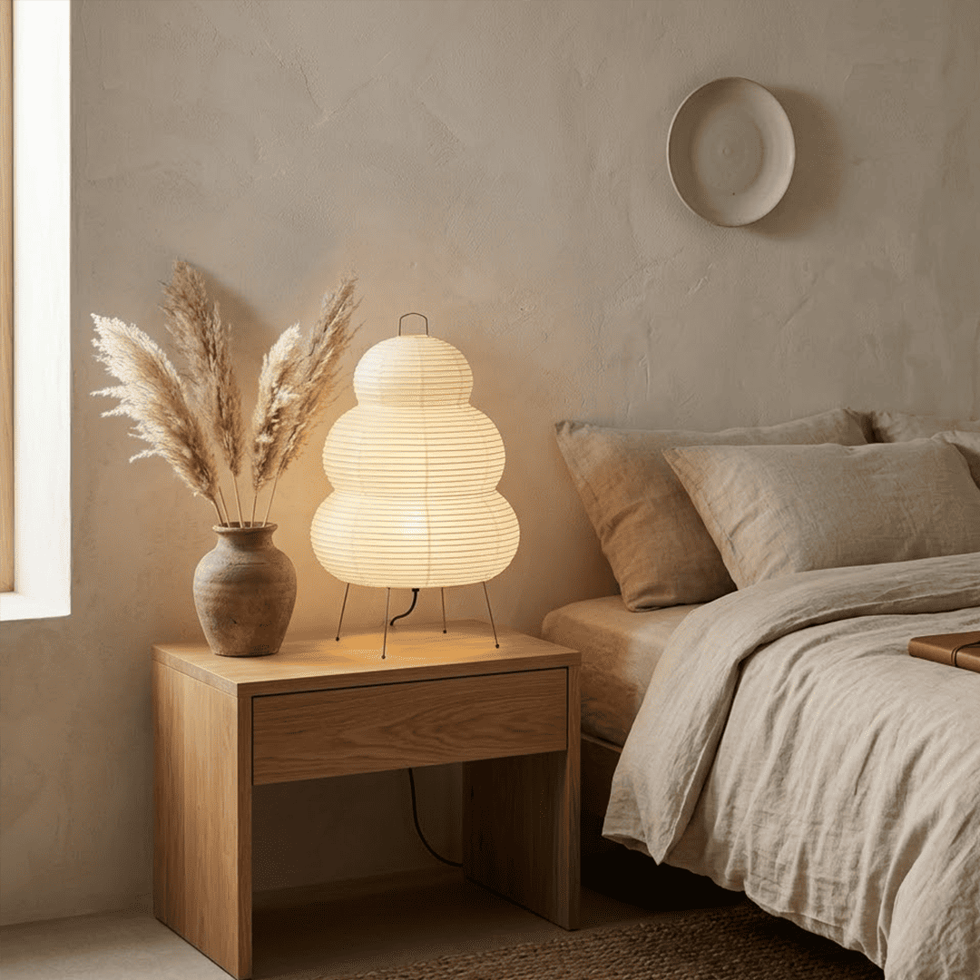 Stuberlighting 25N large Washi paper floor lamp with three-tiered silhouette in a warm minimalist living room setting.