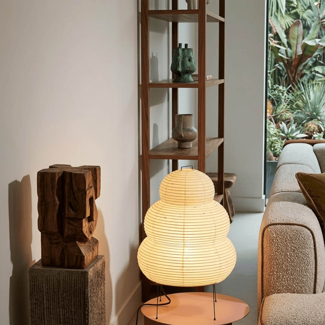 Stuberlighting 25N large Washi paper floor lamp with three-tiered silhouette in a warm minimalist living room setting.