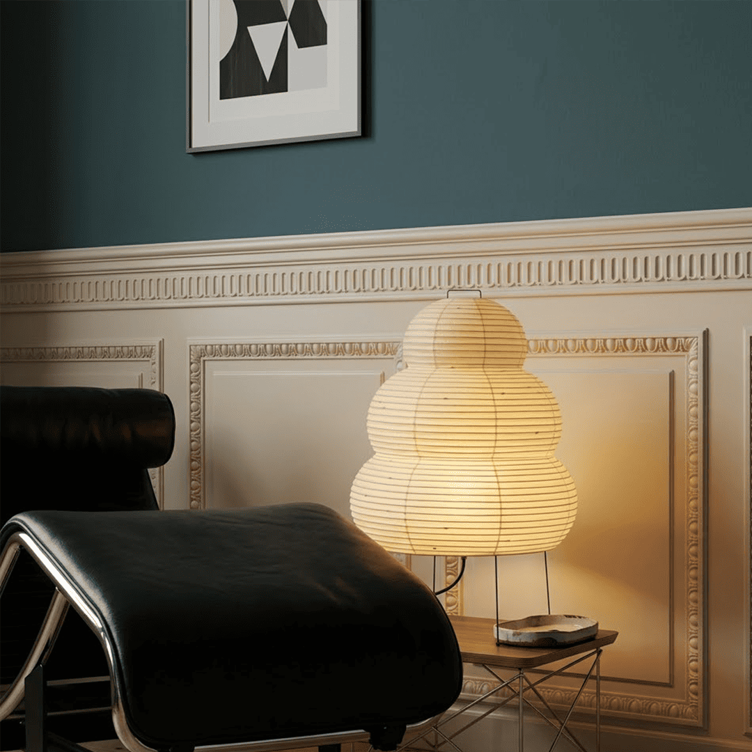 Stuberlighting 25N large Washi paper floor lamp with three-tiered silhouette in a warm minimalist living room setting.