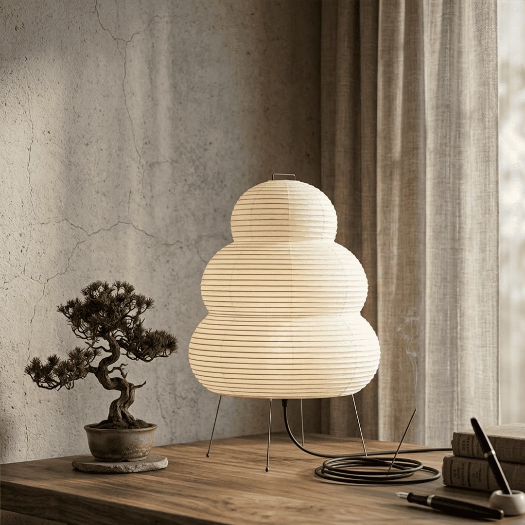 Stuberlighting 25N large Washi paper floor lamp with three-tiered silhouette in a warm minimalist living room setting.