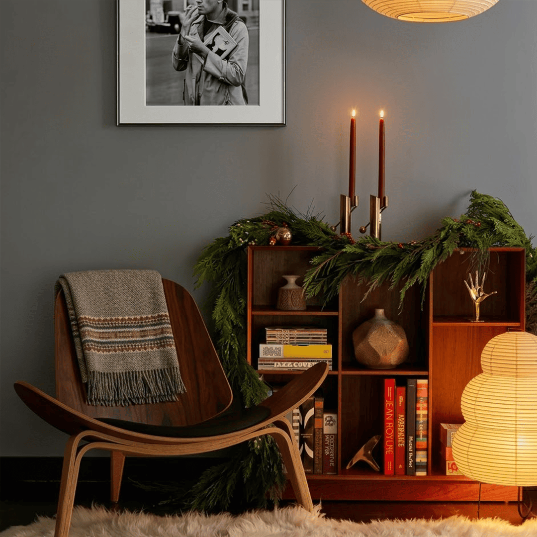 Stuberlighting 25N large Washi paper floor lamp with three-tiered silhouette in a warm minimalist living room setting.