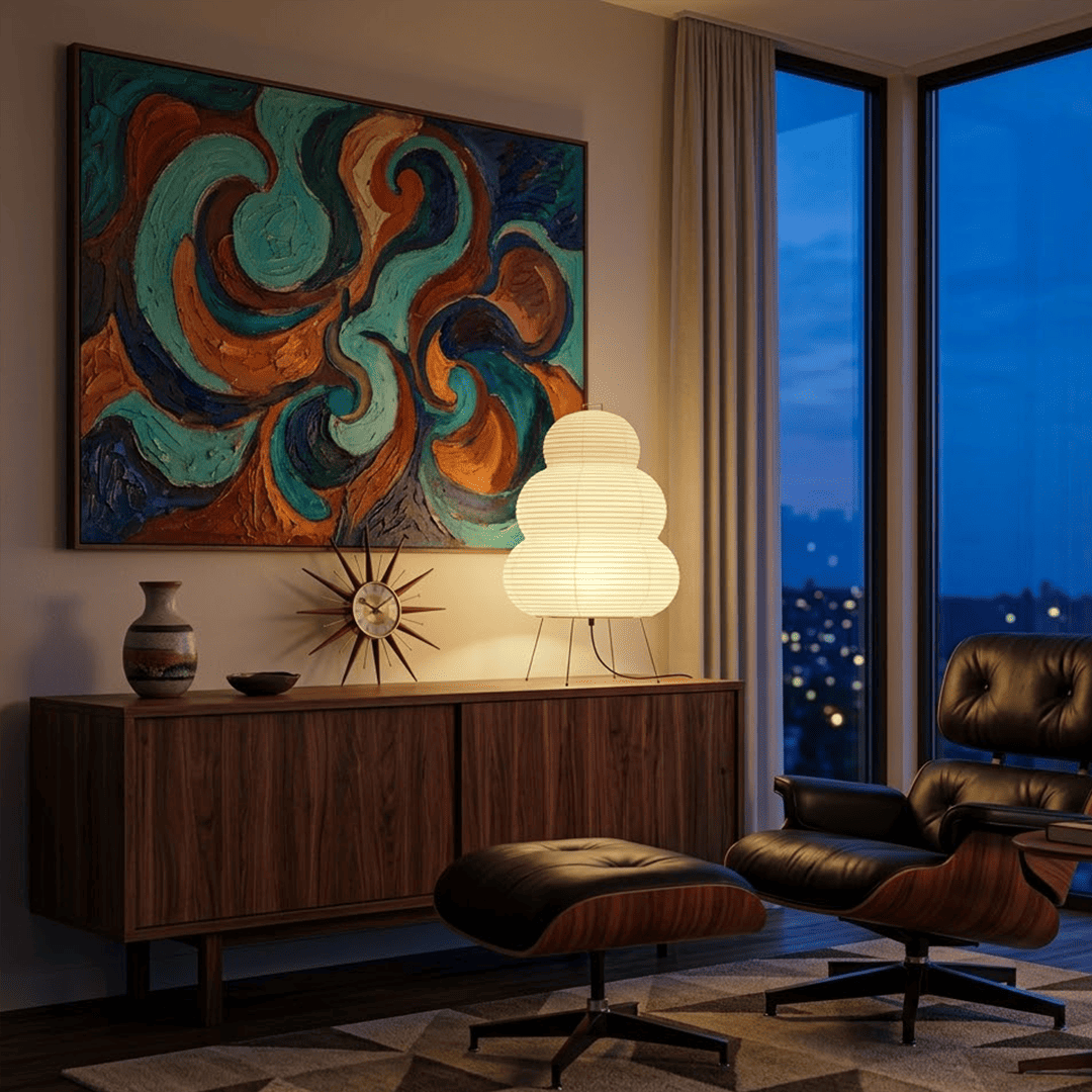 Stuberlighting 25N large Washi paper floor lamp with three-tiered silhouette in a warm minimalist living room setting.