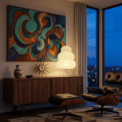 Stuberlighting 25N large Washi paper floor lamp with three-tiered silhouette in a warm minimalist living room setting.
