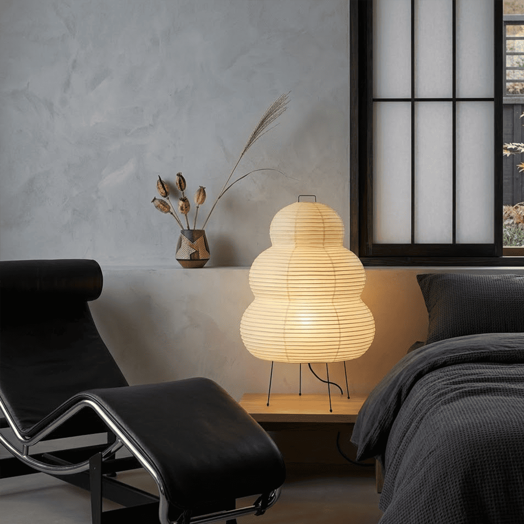 Stuberlighting 25N large Washi paper floor lamp with three-tiered silhouette in a warm minimalist living room setting.