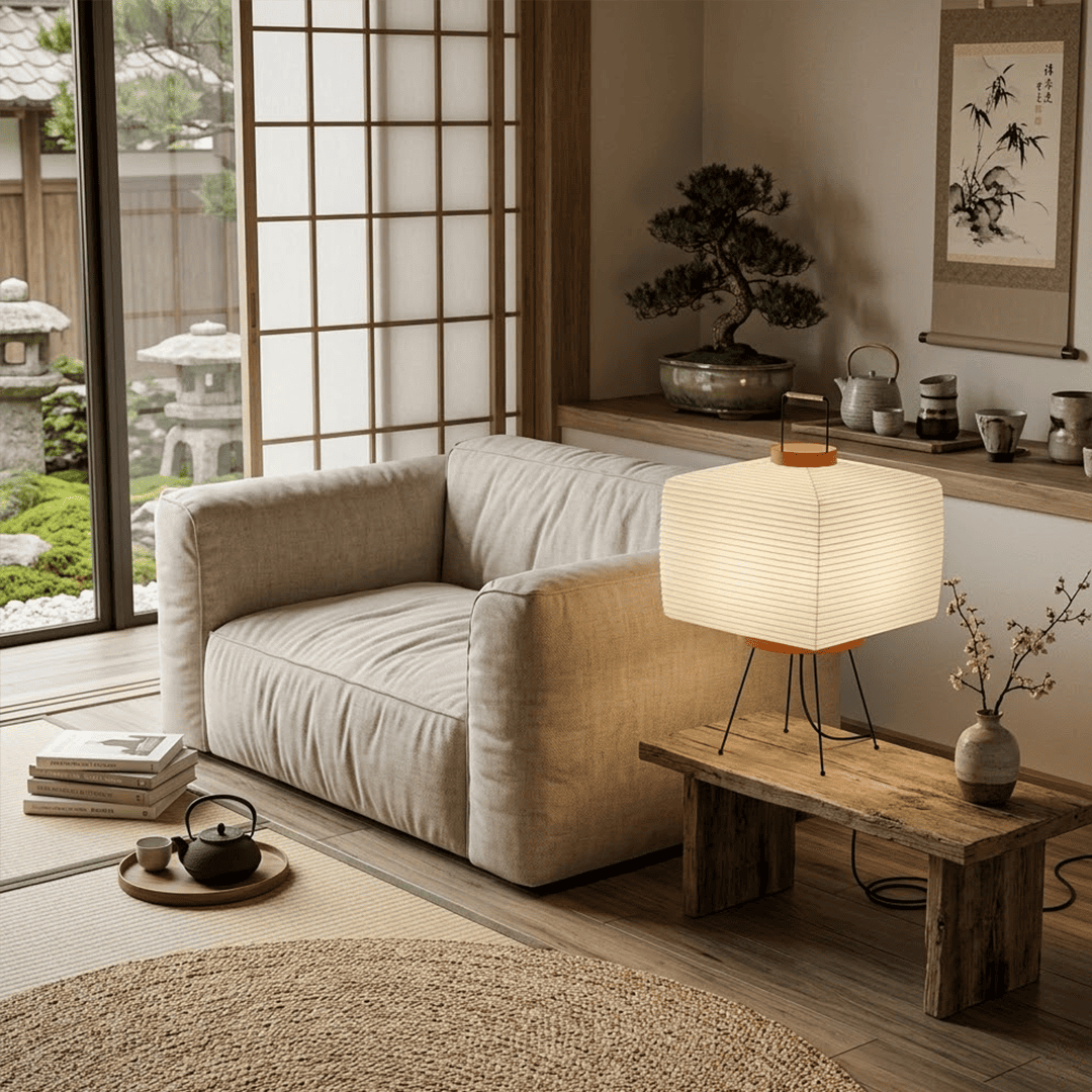 Stuberlighting 9A Washi Paper Table Lamp with black tripod base, handcrafted Akari inspired lantern for Japandi home decor.