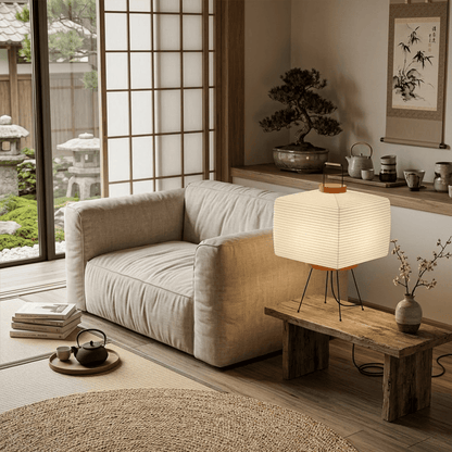 Stuberlighting 9A Washi Paper Table Lamp with black tripod base, handcrafted Akari inspired lantern for Japandi home decor.