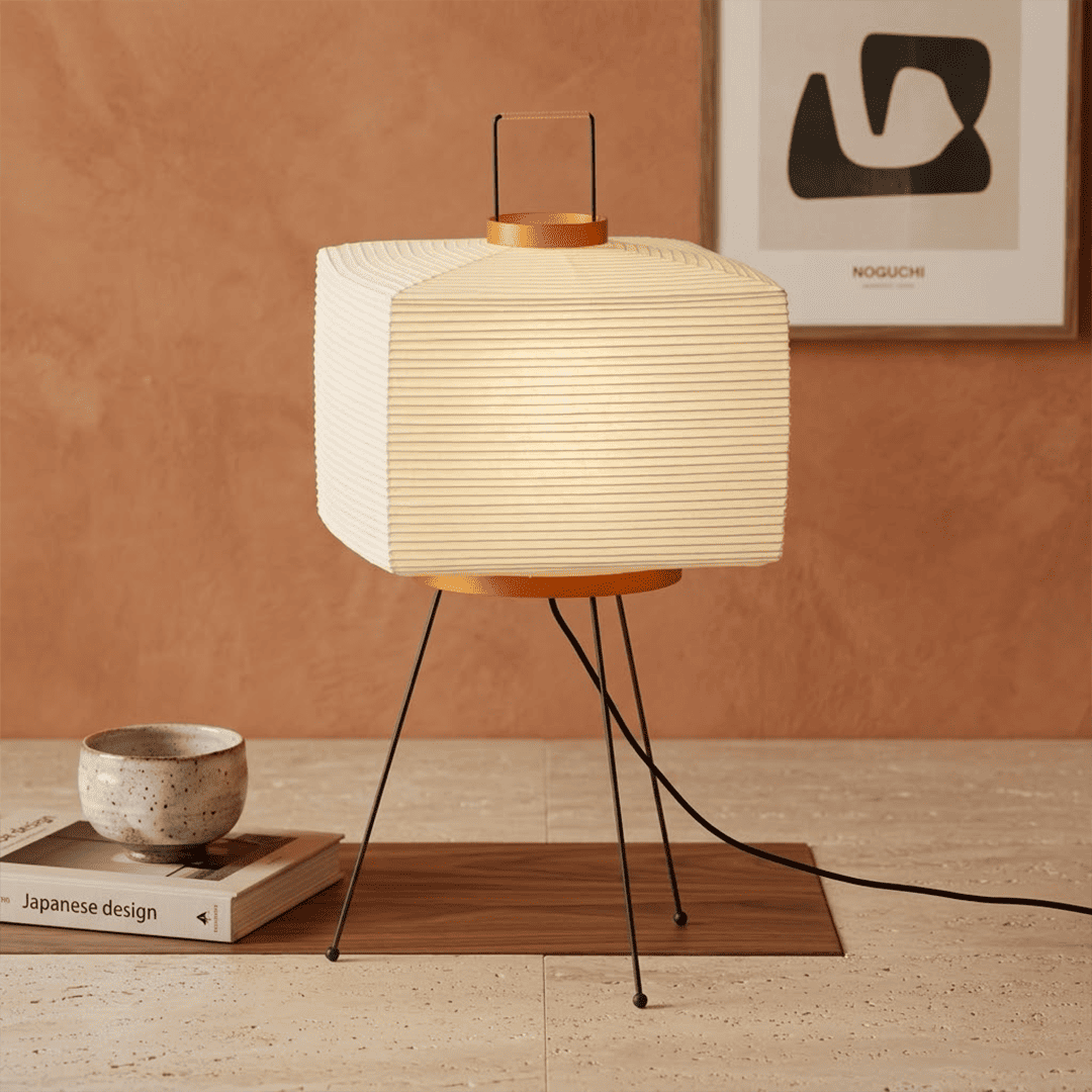 Stuberlighting 9A Washi Paper Table Lamp with black tripod base, handcrafted Akari inspired lantern for Japandi home decor.