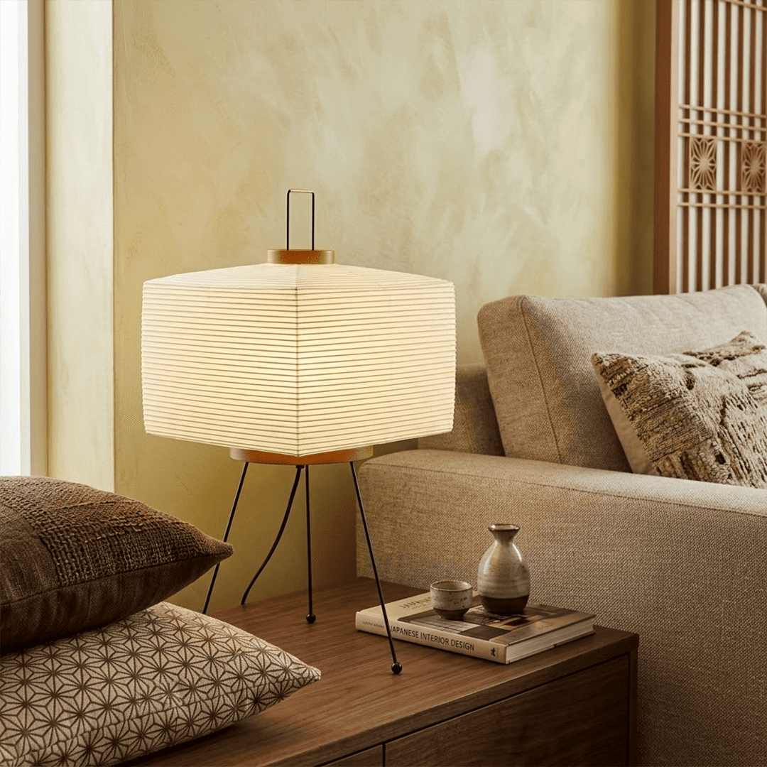 Stuberlighting 9A Washi Paper Table Lamp with black tripod base, handcrafted Akari inspired lantern for Japandi home decor.
