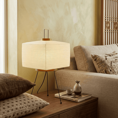 Stuberlighting 9A Washi Paper Table Lamp with black tripod base, handcrafted Akari inspired lantern for Japandi home decor.