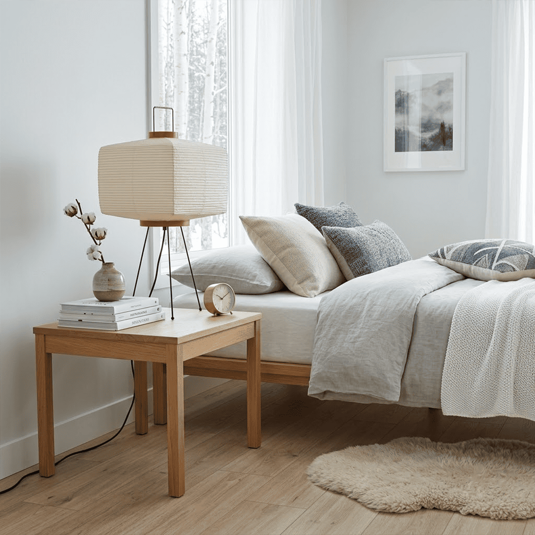 Stuberlighting 9A Washi Paper Table Lamp with black tripod base, handcrafted Akari inspired lantern for Japandi home decor.