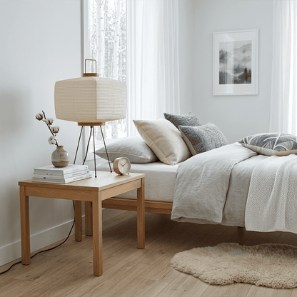 Stuberlighting 9A Washi Paper Table Lamp with black tripod base, handcrafted Akari inspired lantern for Japandi home decor.