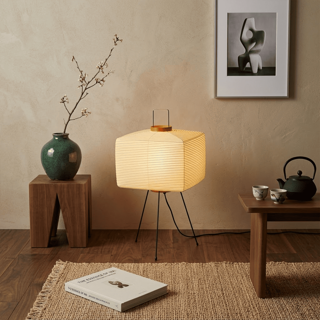 Stuberlighting 9A Washi Paper Table Lamp with black tripod base, handcrafted Akari inspired lantern for Japandi home decor.