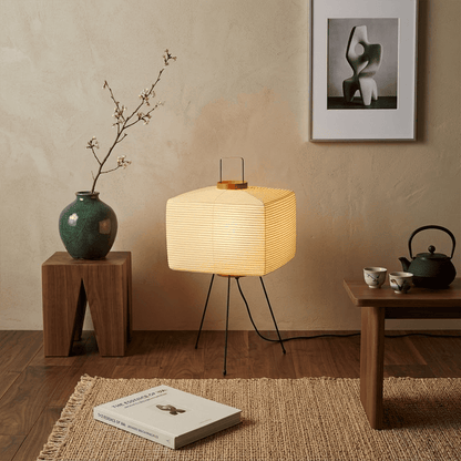 Stuberlighting 9A Washi Paper Table Lamp with black tripod base, handcrafted Akari inspired lantern for Japandi home decor.