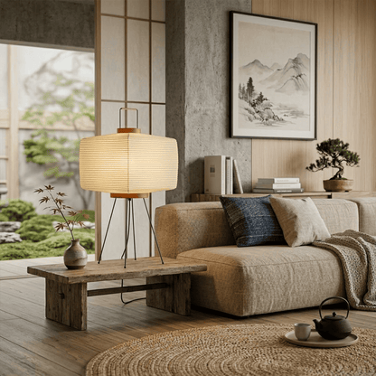 Stuberlighting 9A Washi Paper Table Lamp with black tripod base, handcrafted Akari inspired lantern for Japandi home decor.