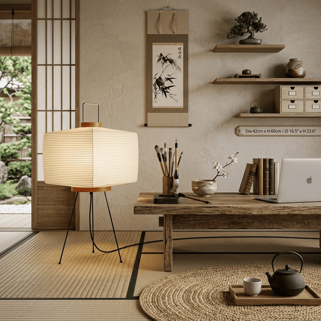 Stuberlighting 9A Washi Paper Table Lamp with black tripod base, handcrafted Akari inspired lantern for Japandi home decor.