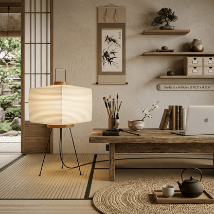 Stuberlighting 9A Washi Paper Table Lamp with black tripod base, handcrafted Akari inspired lantern for Japandi home decor.