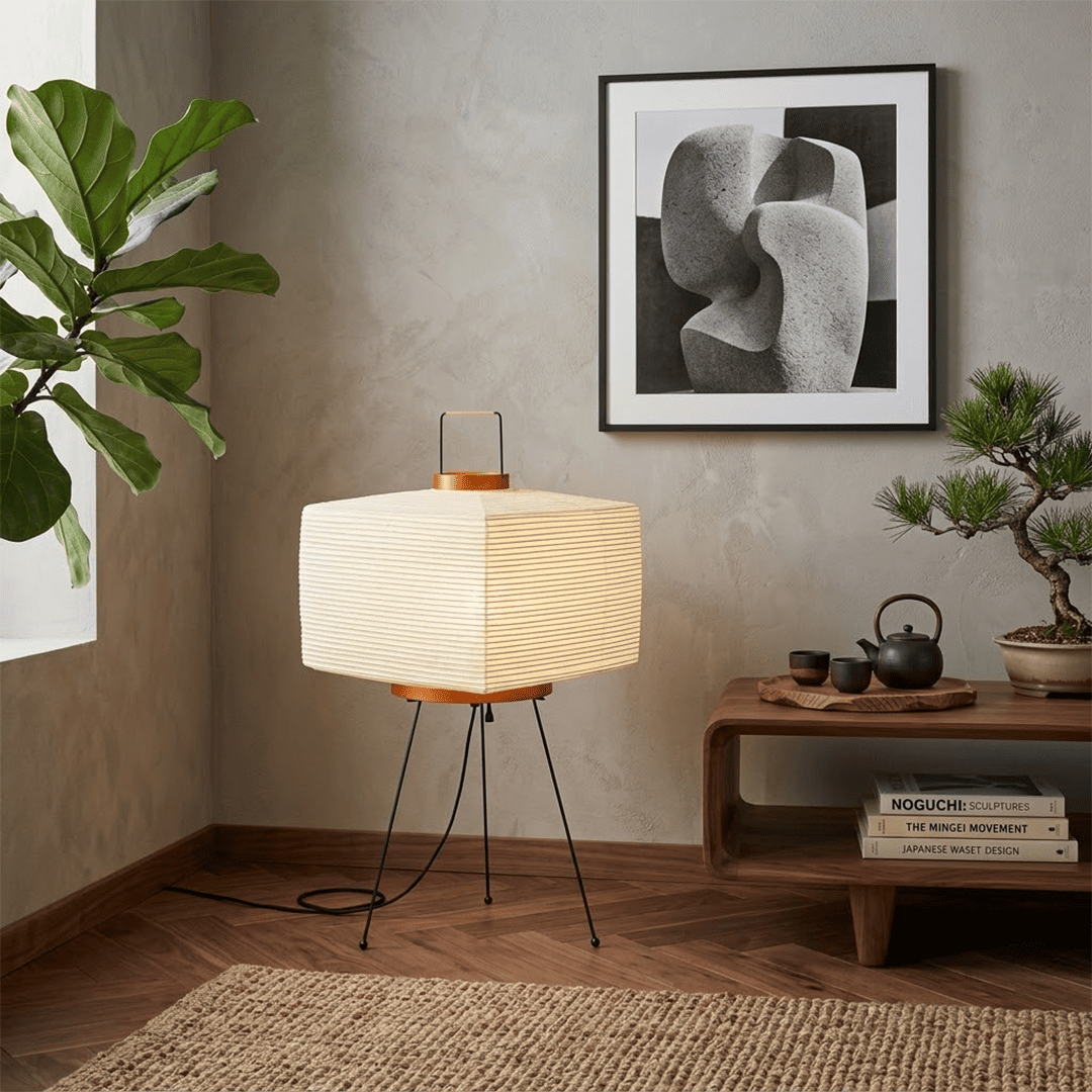 Stuberlighting 9A Washi Paper Table Lamp with black tripod base, handcrafted Akari inspired lantern for Japandi home decor.