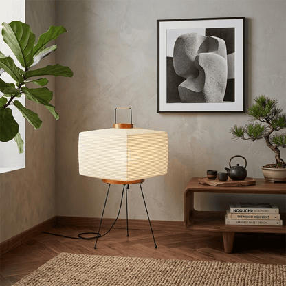 Stuberlighting 9A Washi Paper Table Lamp with black tripod base, handcrafted Akari inspired lantern for Japandi home decor.
