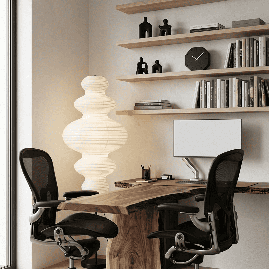 Handcrafted Chigiri Washi paper tower floor lamp with hand-torn mulberry paper texture and matte black base.