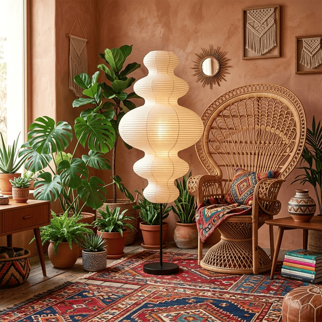 Handcrafted Chigiri Washi paper tower floor lamp with hand-torn mulberry paper texture and matte black base.