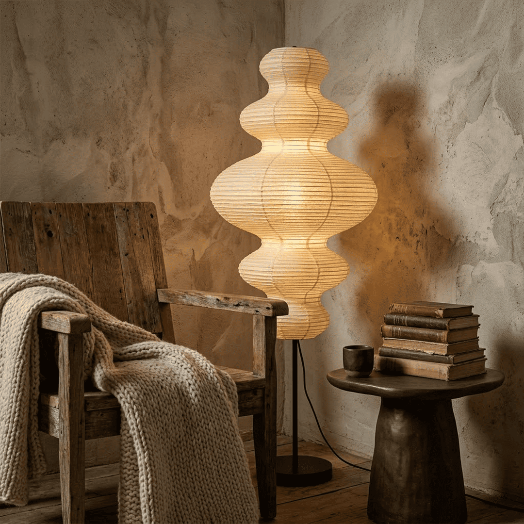 Handcrafted Chigiri Washi paper tower floor lamp with hand-torn mulberry paper texture and matte black base.