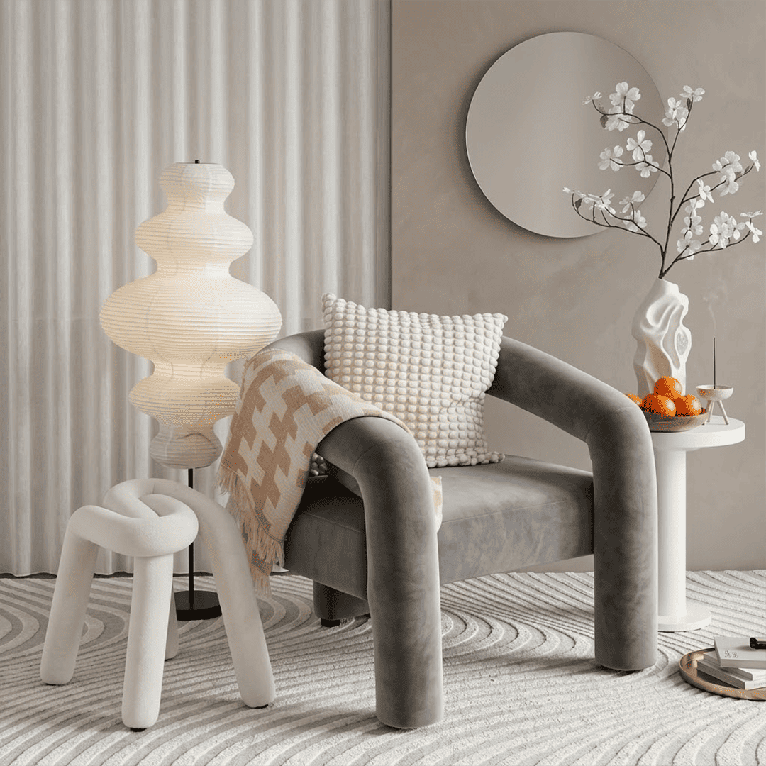 Handcrafted Chigiri Washi paper tower floor lamp with hand-torn mulberry paper texture and matte black base.