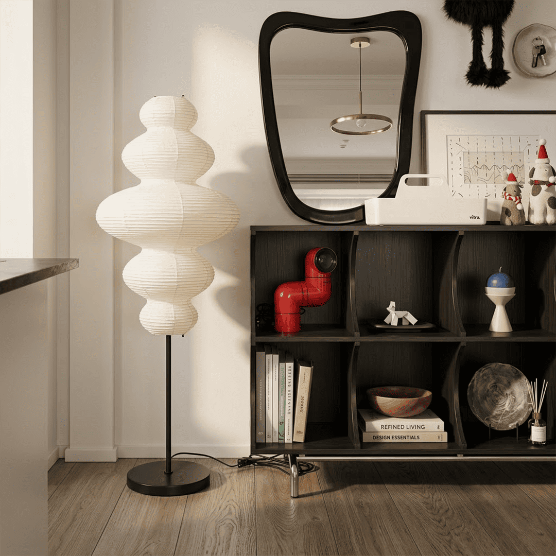 Handcrafted Chigiri Washi paper tower floor lamp with hand-torn mulberry paper texture and matte black base.
