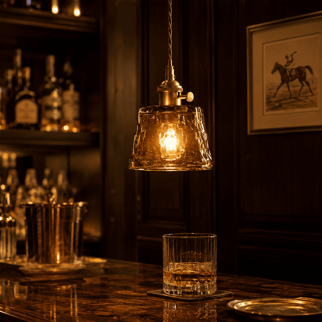Amber glass pendant light bar counter dark moody Edison filament glow