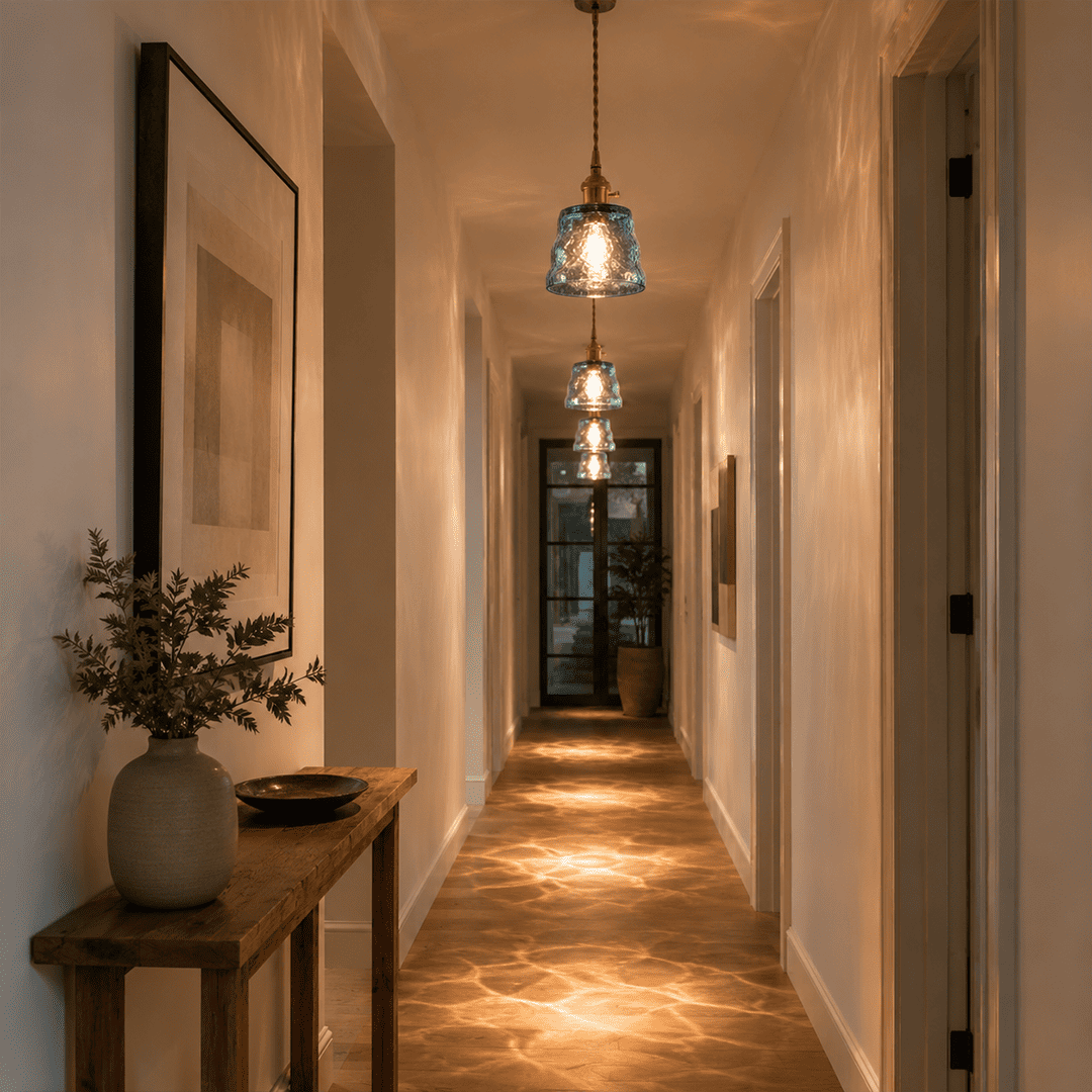 Blue glass pendant lights hallway warm light pattern on floor corridor