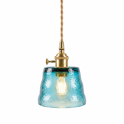 Ocean blue art glass pendant light brass socket white background
