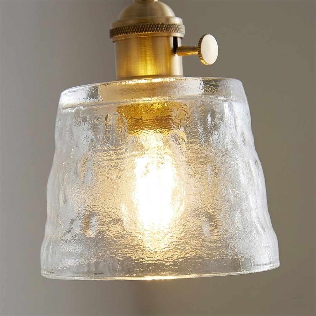 Nordic Cup clear hammered art glass shade texture detail close up lit