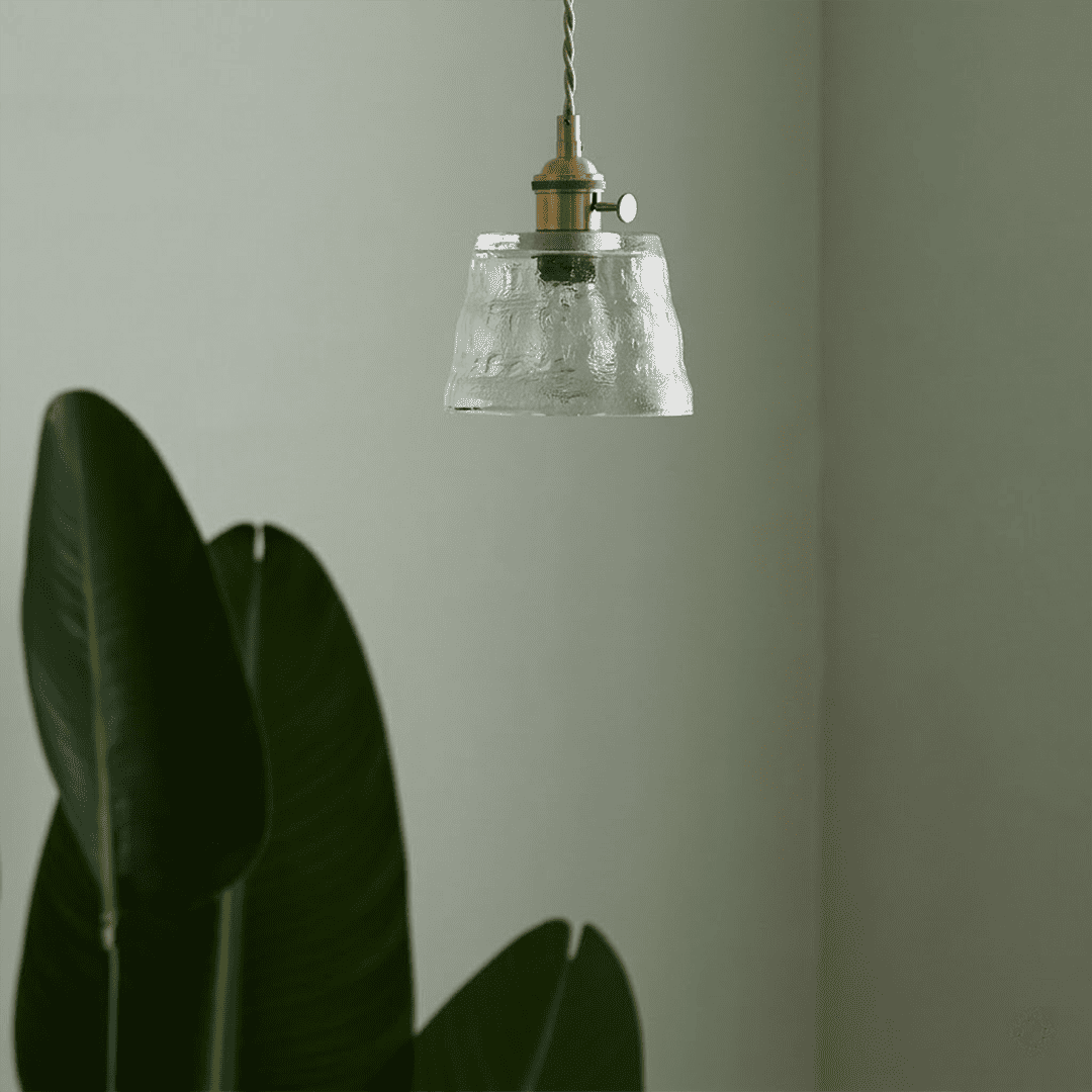 Clear textured glass pendant light hanging near window plant lifestyle