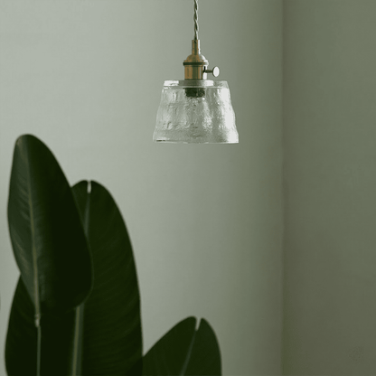 Clear textured glass pendant light hanging near window plant lifestyle