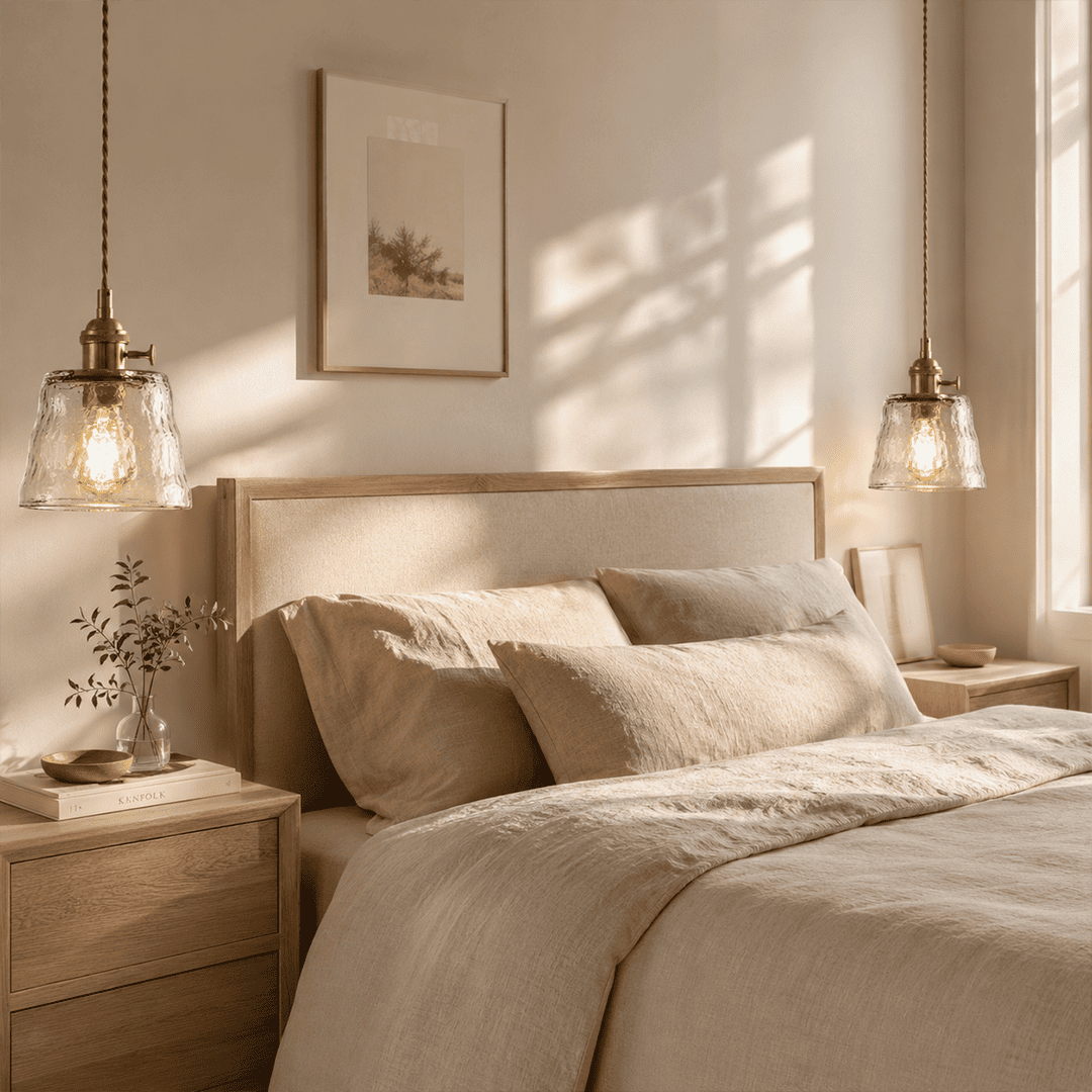 Pair of clear glass pendant lights as bedside lamps bedroom warm light