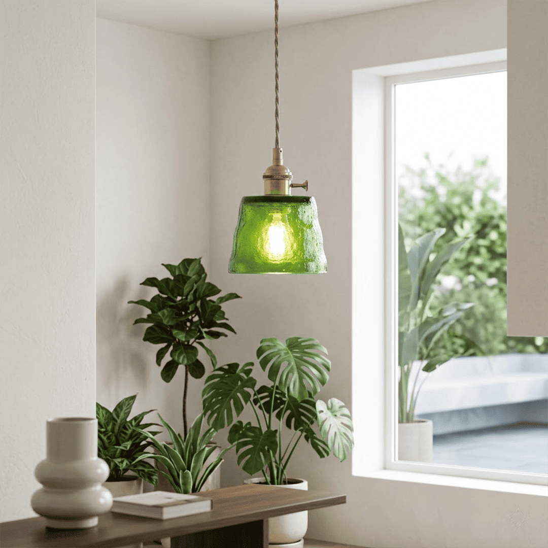 Forest green glass pendant light indoor plants living room warm light