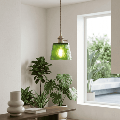 Forest green glass pendant light indoor plants living room warm light