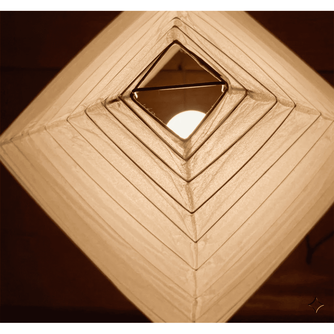 Minimalist modern home lamp: A geometric diamond-shaped washi paper table lamp with a tripod base, emitting a warm glow for cozy interior decoration lighting on a wooden desk.