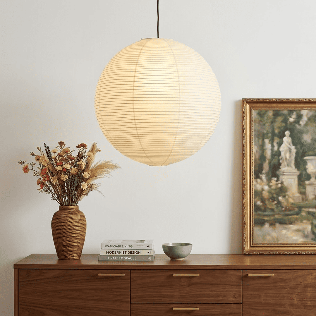 Handcrafted Whimsy 2-light Washi paper spider pendant lamp with sphere and oval shades for Japandi living room.